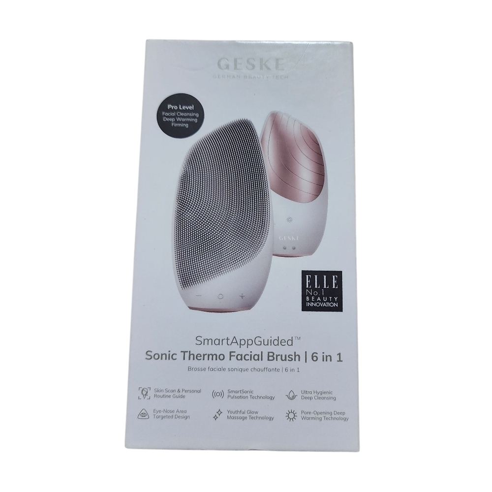 GESKE SmartAppGuided Sonic Thermo Facial Brush in pink and white. 6 in 1 facial